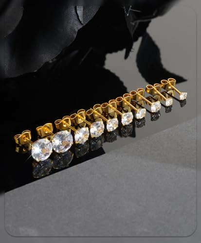 Stainless Steel Stud and Hoop Earrings Sets for Ear Stacks | Choose gold or silver pearl studs, CZ studs, flat backs, butterfly backs, hoops and multi-pair ear stack sets. - color: 5 Pairs 20G Gold
