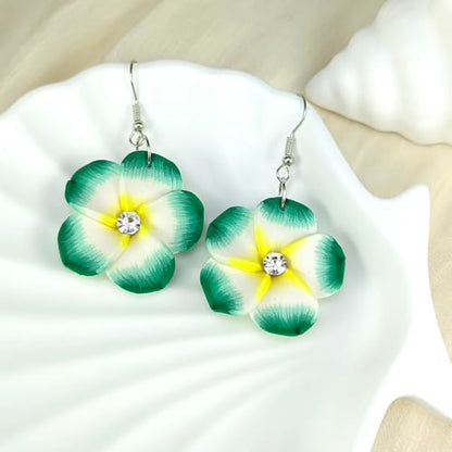 Floral Dangle Earrings for Women Hawaiian Tropical Plumeria Rubra Flower Drop Earrings with Cubic Zirconia Luau Beach Party Vacation Hawaiian Accessories Jewelry Gift - color: Green