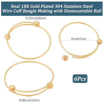 Beebeecraft 6Pcs Adjustable Bangle Bracelets Real 18K Gold Plated Stainless Steel Stackable Half Open Blank Cuff Bangles with Detachable Balls for Jewellery Making Bracelet DIY Crafts Findings - color: Gold, size: 5cm