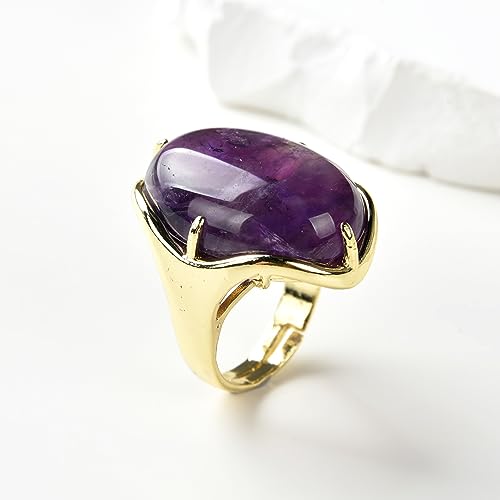 Natural Stone Adjustable Finger Rings Semi Precious Oval Shaped Gemstone Jewelry For Women Anniversary Birthday Wedding Gift - color: Amethyst