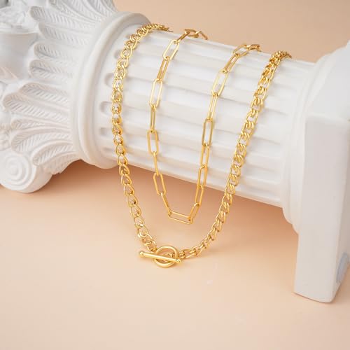 Layered Necklaces for Women 14k Gold Plated Chain Necklace Trendy Dainty Toggle Clasp Chunky Cuban Link Paperclip Chain Jewelry Gift - style: Style 4：Paperclip+Toggle