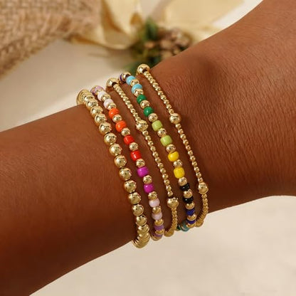 Colorful Gold Plated Stackable Ball Seed Beaded Bracelets Set For Women, Boho Handmade Romantic Stretch Accessories Jewelry, Daily Wear Holiday Party Friendship Gift - color: Rainbow