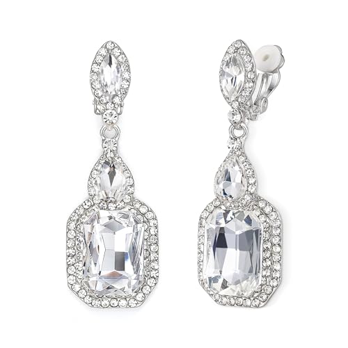 Women's Wedding Bridal Crystal Emerald Cut Infinity Figure 8 Chandelier Clip-On Dangle Earrings - color: Clear Silver-Tone
