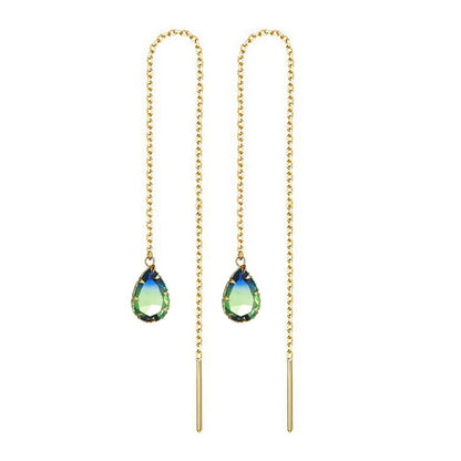 WANGGAO Stainless Steel Water Drop Long Chain Earrings for Women Linear Crystal Threader Earrings Jewelry - color: Green