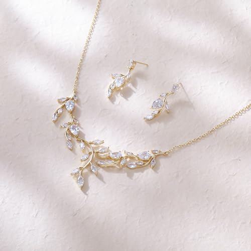 Crysdue Women's Wedding Bridal Jewelry Set for Brides Bridesmaids Cubic Zirconia Flower Leaf Vine Necklace Dangle Earrings for Prom Party - style: 24-silver