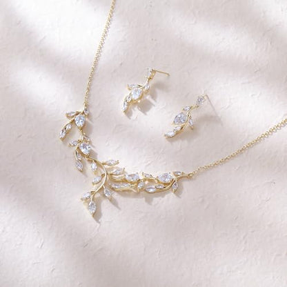 Crysdue Women's Wedding Bridal Jewelry Set for Brides Bridesmaids Cubic Zirconia Flower Leaf Vine Necklace Dangle Earrings for Prom Party - style: 24-silver