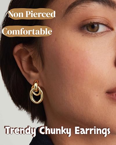 FIBO STEEL 1 Pair Clip On Earrings for Women Non Pierced Ears | Chunky Knot Link, Geometric Statement Colorful Dangle Clip Earrings, Trendy Jewelry Gift - color: Link 14K Gold Plated