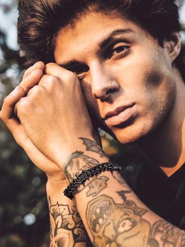 Bandmax Barbed Wire Chain Bracelets for Men Women Stainless Steel/Black/Gold Thorn Cuban Link Bracelet Adjustable Punk Emo Style Jewelry Gift - color: 02 9MM-Black Plated