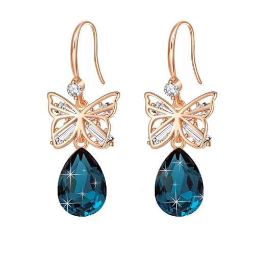 Austrian Crystal Teardrop Butterfly Drop Dangle Earrings for Women 14K Rose Gold Plated Hypoallergenic Jewelry - color: Dark Blue