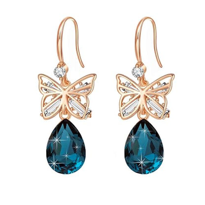 Austrian Crystal Teardrop Butterfly Drop Dangle Earrings for Women 14K Rose Gold Plated Hypoallergenic Jewelry - color: Dark Blue