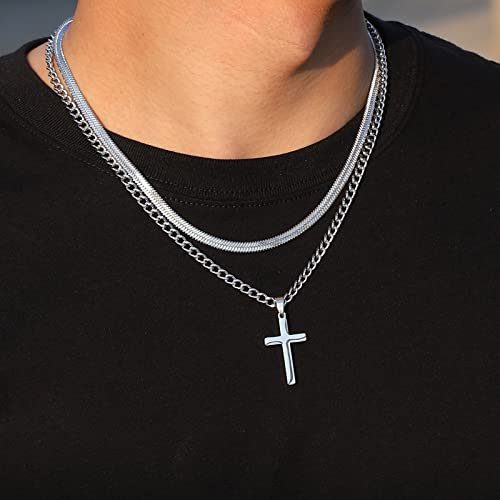 Zocomi Cross Necklace for Men Boys, Stainless Steel Layered Cuban Link Herringbone Chain Cross Pendant Christian Fashion Jewelry Gifts 16-24 Inches - color: Silver, size: 16inch/18inch, style: Herringbone+Cuban