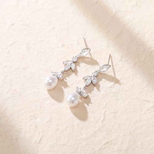 Crysdue Simulated Pearl Earrings for Women, Dainty Silver/Gold/Rose Gold Plated Cubic Zirconia Drop Dangle Earrings Wedding Jewelry for Bride Bridesmaid - style: E_CZ+pearl, silver