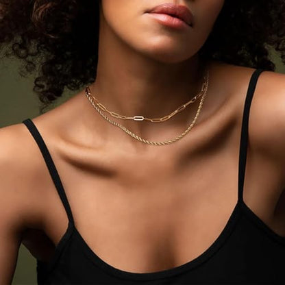 HUASAI Boho Necklaces for Women Dainty Layered Choker Necklace Bohemian Turquoise Necklace Statement Jewelry Western Cowgirl Country Concert Outfits Accessories - color: P Gold Paperclip Twist Chain Necklace