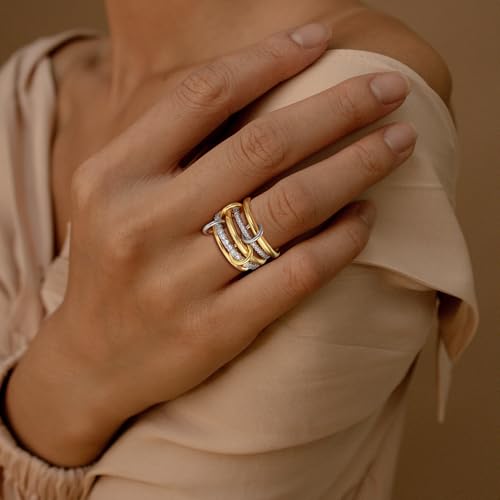 SLOONG Gold Stackable Rings for Women, Dainty 18k Gold Plated Cubic Zirconia Rings,Gold Silver Multi Ring Mixed Metals Stackable Ring Set for Women Non Tarnish Style2#9