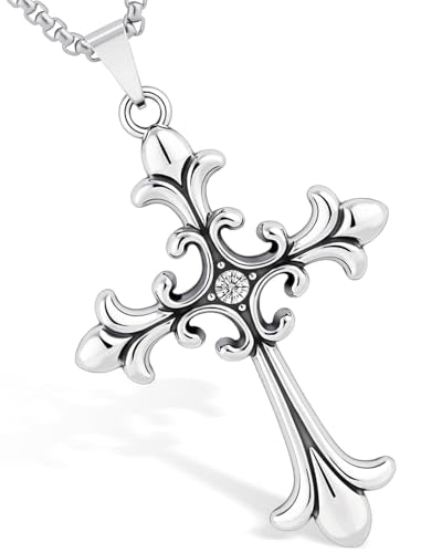 Stainless Steel Gothic Y2K Punk Rock Emo Biker Pendant Necklace | Cosplay Vintage Viking Alt Edgy Fashion Charm Necklace Jewelry for Men Women Active Daily Wear - style: Fleur de Lis Rhinestones Cross
