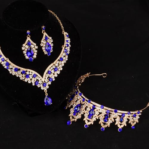 Crowns and Tiaras jewelry sets for Wedding princess birthday party Halloween Prom Pageant Jewelry for Women Crystal Bridal Jewelry Set for women - color: Gold Blue
