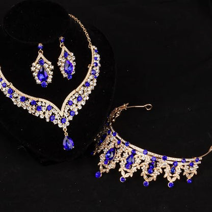 Crowns and Tiaras jewelry sets for Wedding princess birthday party Halloween Prom Pageant Jewelry for Women Crystal Bridal Jewelry Set for women - color: Gold Blue