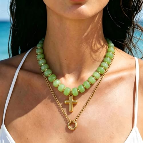 Colorful Resin Chunky Beaded Necklace for Women Modern Statement Choker Necklace with Gold Tone Cross Pendant Boho Summer Jewelry Gift - color: Sage Green-1