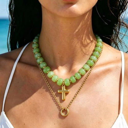 Colorful Resin Chunky Beaded Necklace for Women Modern Statement Choker Necklace with Gold Tone Cross Pendant Boho Summer Jewelry Gift - color: Sage Green-1
