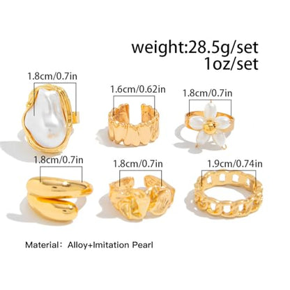 Gold Rings for Women Non Tarnish Boho Stackable Adjustable Open Rings Set Finger Knuckle Stacking Ring Packs Jewelry Gift - color: Gold Flower Chunky Rings 6Pcs