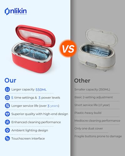 45KHz Ultrasonic Jewelry Cleaner, 5 Timer & 3 Power Modes, 35W Retainer Cleaner for Jewelry, Eyeglasses, Rings, Watch Strap, Dentures - Quiet <38dB, 20oz, 304 Stainless Steel (Red) - color: Red