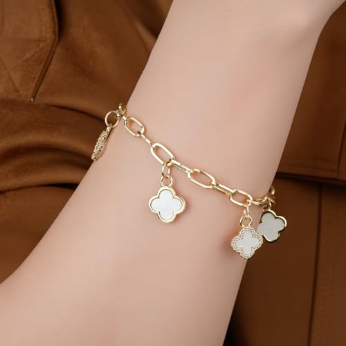 Gold Clover Charm Link Bracelet for Women Elegant Mother of Pearl Lucky Four Leaf Clover Bracelet Cute Colorful Rhinestone Clover Pendant Bracelet Adjustable Link Chain Trendy Party Jewelry Gift - style: Gold Clover