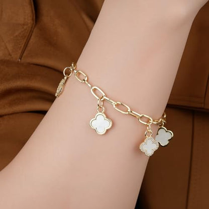 Gold Clover Charm Link Bracelet for Women Elegant Mother of Pearl Lucky Four Leaf Clover Bracelet Cute Colorful Rhinestone Clover Pendant Bracelet Adjustable Link Chain Trendy Party Jewelry Gift - style: Gold Clover