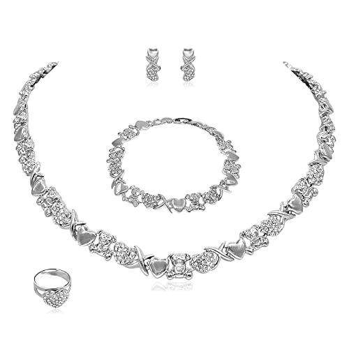 SYHOL Gold Jewelry Sets for Women 18K Gold/Silver Filled Jewelry Necklace Set Wedding Bridal Fashion Jewelry Sets Women Accessories Bracelets Earrings and Rings Sweetheart Gifts - color: Silver