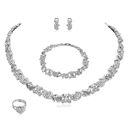 SYHOL Gold Jewelry Sets for Women 18K Gold/Silver Filled Jewelry Necklace Set Wedding Bridal Fashion Jewelry Sets Women Accessories Bracelets Earrings and Rings Sweetheart Gifts - color: Silver
