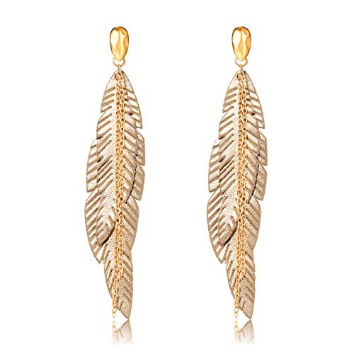 NVENF Feather Tassel Dangle Earrings for Women Bohemian Faux Leather Plume Gold-tone Metal Chain Fringe Statement Drop Earrings Vintage Ethnic Style Jewelry - color: Gold