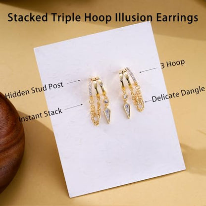Gold Dangle Earrings for Women, 14k Gold Plated Stacked Triple Hoop Illusion Earrings Cubic Zirconia Huggie Earrings for Women Trendy - color: Gold Chain Earrings