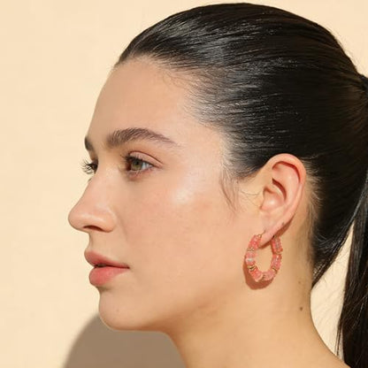 Wellike Beaded Hoop Earrings for Women Natural Stone Pink Gold Huggie Earrings Hypoallergenic Dainty Waterproof Trendy Jewelry - color: Rose Pink, size: 35mm