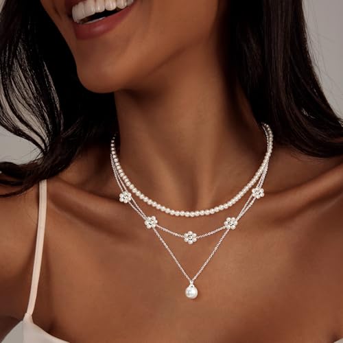 Zeffy Gold Pearl Necklace for Women, Dainty 14K Gold/Silve Plated Layered Pearl Choker Pearl Earrings Pearl Bracelets Wedding Trendy Gold Jewelry Set for Women Gifts - style: Silver Daisy Pearl Necklace-3PCS