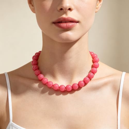 Chunky Beaded Necklace for Women 16mm Round Bead Resin Modern Statement Necklace Jewelry Accessories - color: rose red