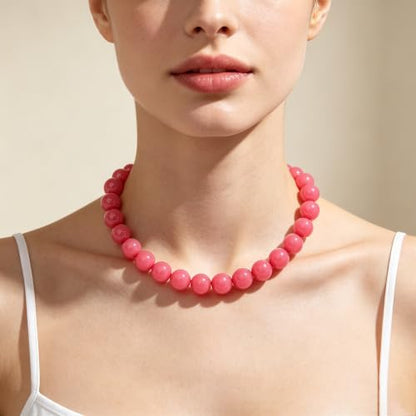 Chunky Beaded Necklace for Women 16mm Round Bead Resin Modern Statement Necklace Jewelry Accessories - color: rose red
