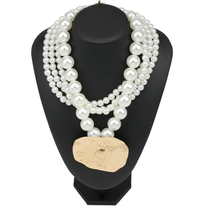 Multi Strand Bead Pendant Necklace for Women Stone Wood Pearl Jewelry | Gold Color Metal Charm Fashion Ethnic Tribal Elegant Statement - color: N1537-pearl