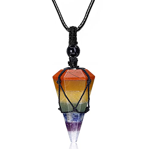 Top Plaza Mens Necklace, Crystal Gemstone Protection Pendant Necklace | Healing Crystals Necklace for Men Adjustable 6 Facet Pointed Necklace Energy Natural Quartz Protect Jewelry Gifts - color: 7 Chakra