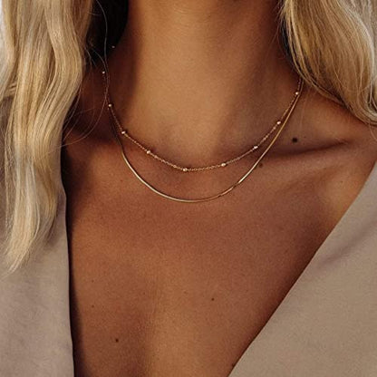 Freekiss Layered Necklace Set for Women Stackable | Herringbone Snake Cuban Rope Chain, Dainty Choker, Layered Stackable, Non Tarnish, Hypoallergenic, Adjustable 14-18.5" - color: Gold, style: 2 Layered Herringbone