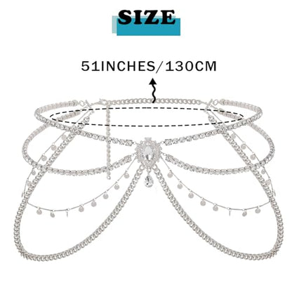 ELABEST Rhinestone Layered Chain Belt Sequin Waist Chain Body Chain Jewelry for Women - style: Silver