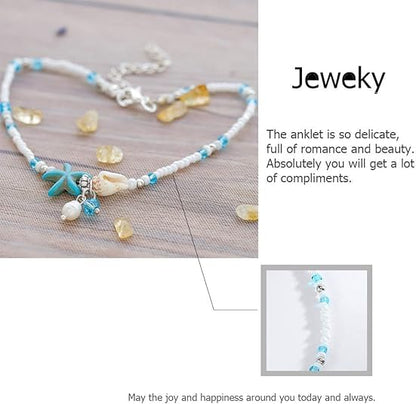 JEWEKY Boho Ankle Bracelets Blue Beach Beaded Anklets for Women