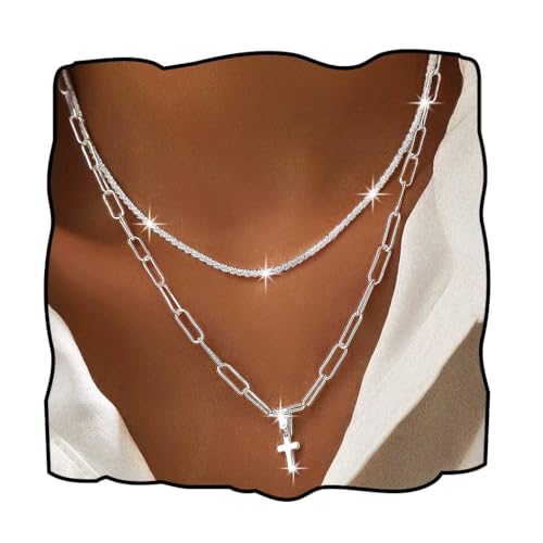 Layered Plated Silver Cross Necklace Sparkle Chain Dainty Jewelry for Women - color: B-Style