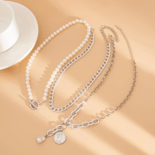 Chunky Layered Pearl Necklaces Set for Women Big Coin OT Choker Necklace | Gold,silver,layering,pearls,stack,pearl jewelry,drop,baroque,buckle,beaded,chain,statement,clasp,toggle,accessories,gift - color: Color-2