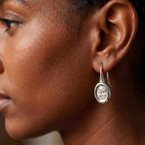 14K Gold & Silver Plated Trendy Bezel Set Cubic Zirconia Drop Earrings Minimalist Teardrop Hook Earrings for Women Diamond Crystal Charm Statement Teardrop Earrings Jewelry Gifts - color: Silver-Elliptical zircon