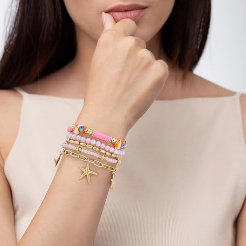 Summer Surfer Heishi Bracelet Set for Women Stackable Gold Plated Clay Ploymer Bead Stretch Pink Beach Layering Bracelets Jewelry - color: A-Pink 8 fish 5pcs