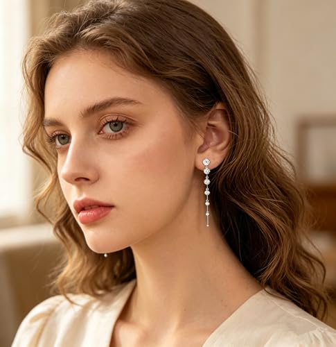 Rhinestone Earrings Dangling for Women Sparkly Silver Dangle Earrings Girls Long Chandelier Earrings Tassel Lightweight Ear Studs Cubic Zirconia (KE001S-W) - color: A-2 pair silver YE01S
