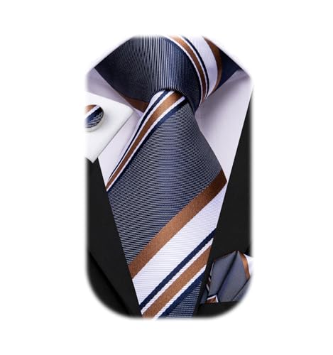Dubulle Mens Paisley Striped Tie Woven Necktie for Men and Handkerchief Cufflinks Set Wedding Formal Business - color: Brown Blue