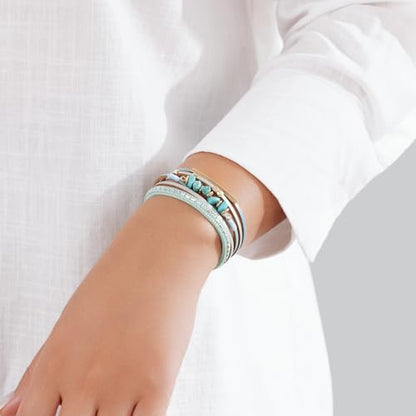Boho Gemstone Beaded Leather Wrap Bracelets Stackable Chunky Cuff Bracelet Western Jewelry Cowboy Chic Country Concert Outfits for Women - color: Teal