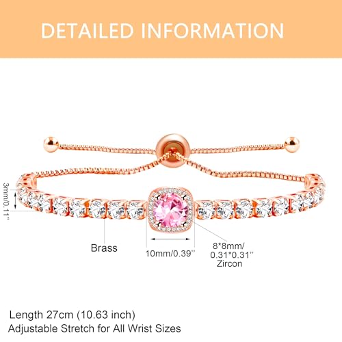 Sparkling CZ Tennis Bracelets for Women, Birthstone Slider Bolo Bracelets Trendy Birthday Valentine's Day Jewelry for Women Lady - color: Pink