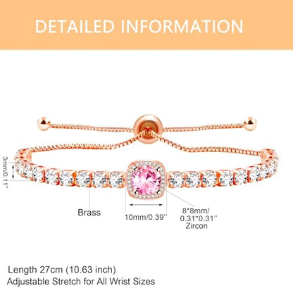 Sparkling CZ Tennis Bracelets for Women, Birthstone Slider Bolo Bracelets Trendy Birthday Valentine's Day Jewelry for Women Lady - color: Pink