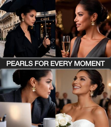 Pearl Drop Huggie Hoop Earrings for Women, Gold & Silver Hypoallergenic Bow | 14K Gold Plated, 925 Sterling Silver Posts, Hypoallergenic, Ideal Gifts for Wedding Anniversary Birthday Mother's Day - color: Gold